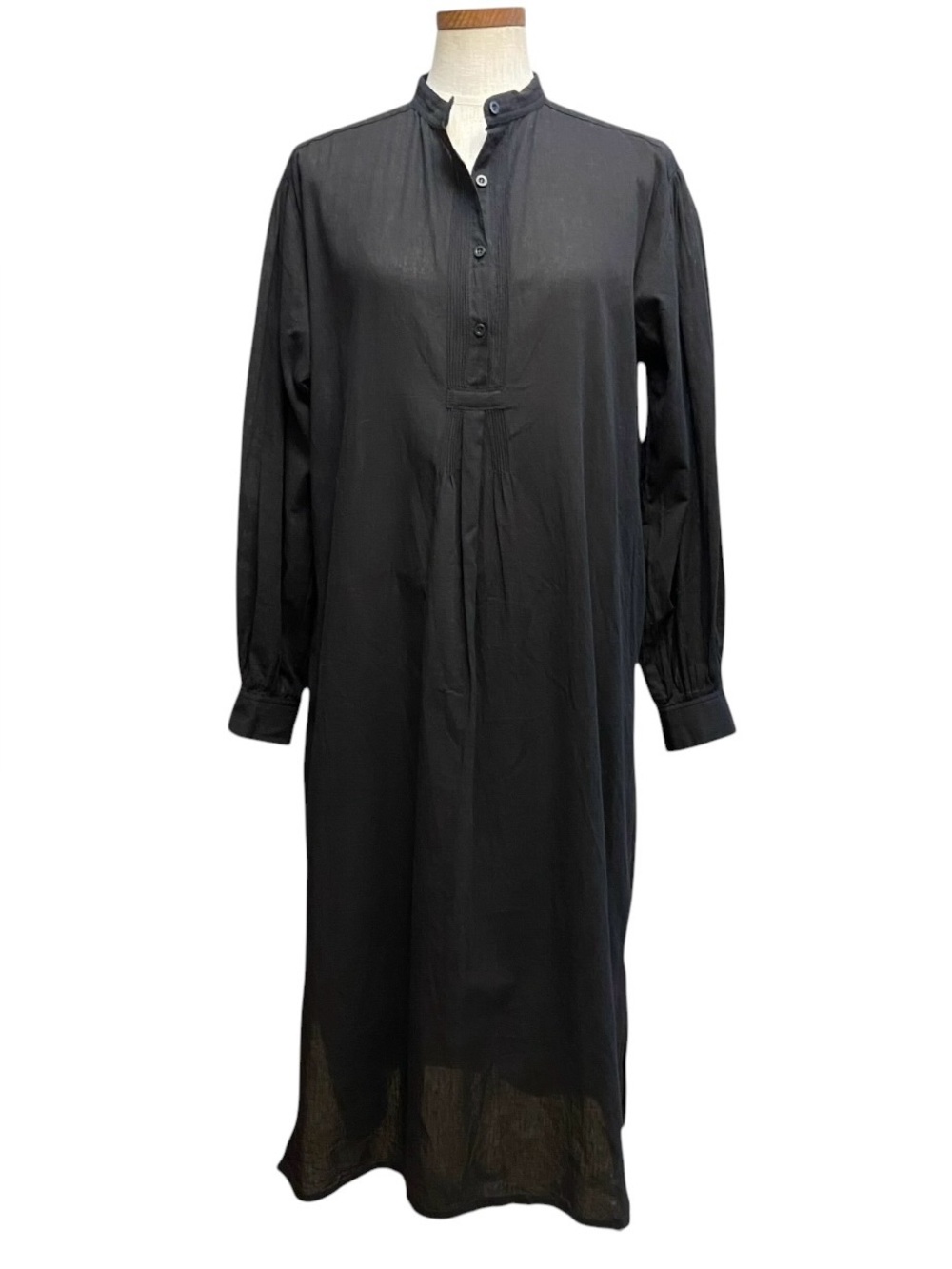 The J Peterman Company Black Cotton Collarless Shirtdress Caftan Sz M